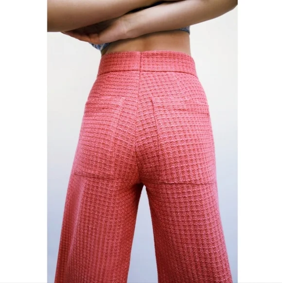 Zara Tweed Textured Wide Leg Cropped Pants Size XL Pink EUC - Picture 2 of 6